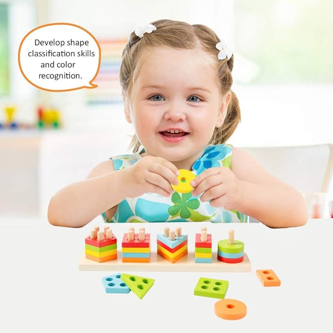 WOOD CITY Wooden Sorting & Stacking Toy, Shape Sorter Toys for Toddlers, Montessori Color Recognition Stacker, Early Educational Block Puzzles for Kids 1 2 3 Years Old Boys and Girls (5 Shapes)
