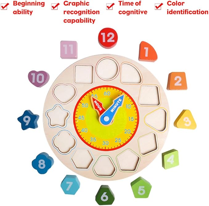 Skrtuan Wooden Sorting Clock Toy for Toddlers 3-5 Years Old, Montessori Early Learning Toy for Teaching Time, Numbers, Shapes & Colors, Educational Gift for Baby Kids