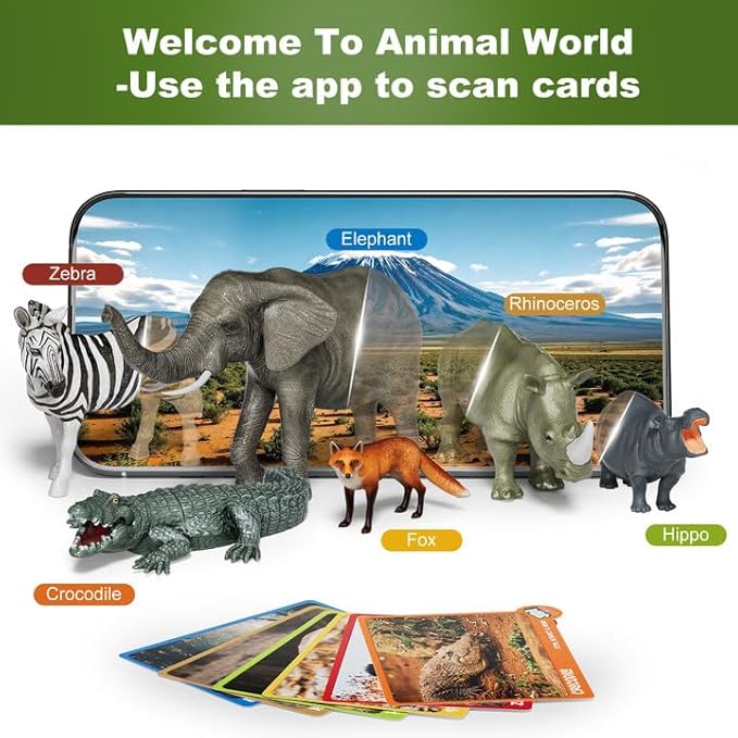 Africa Safari Animals Figures Toys, AR Realistic Jumbo Wild Zoo Animal Figurines, 3D Plastic Jungle Animals Playset with AR Card for Kids Plastic Educational Toys for Toddlers 3-7,8-12