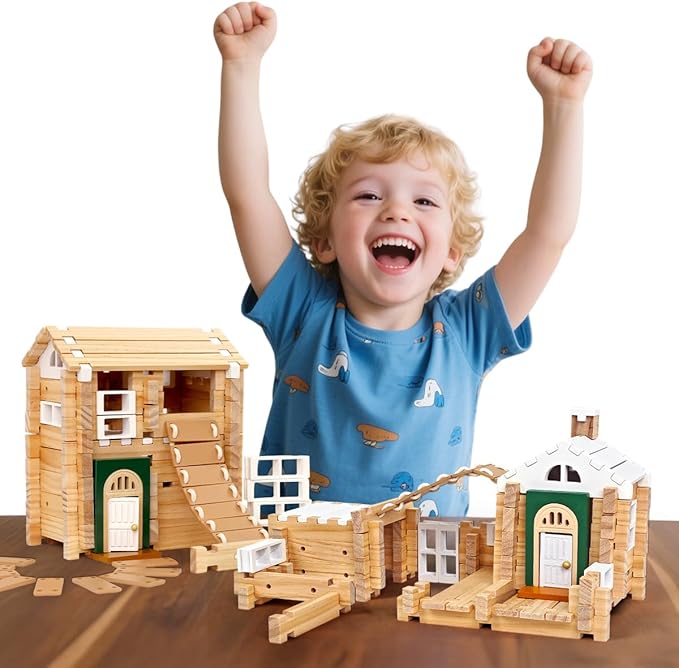 Jovi-mindly＆Notchies 107 Pcs Wooden Blocks Toys with Door and Windows,Classic Old Fashioned Toys,Wooden Building Blocks for Kids Ages 4-8 Boys and Girls,FSC Certified,Halloween Gifts