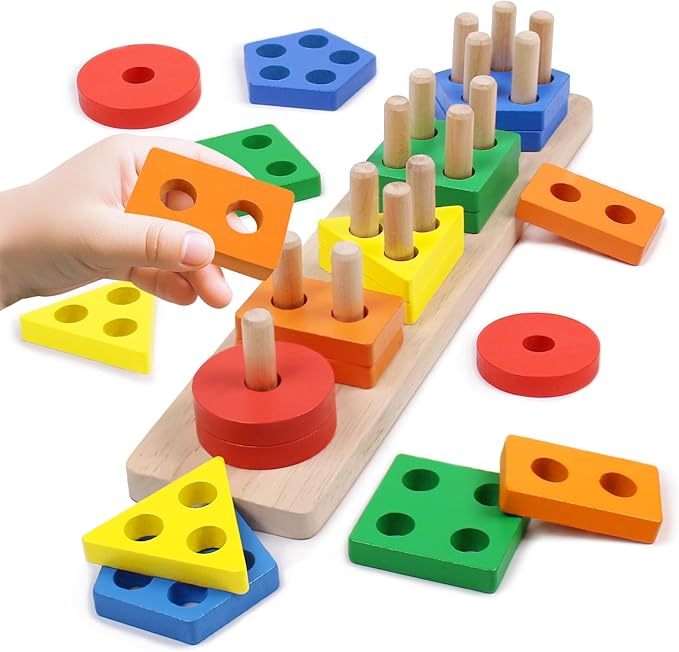 Montessori Toys for 1 2 3 Year Old - Wooden Baby Stacking Toys Sensory Educational Shape Sorter Color Sorting Toy for Toddlers 1-3, Birthday Gifts for Girls Boys Kids
