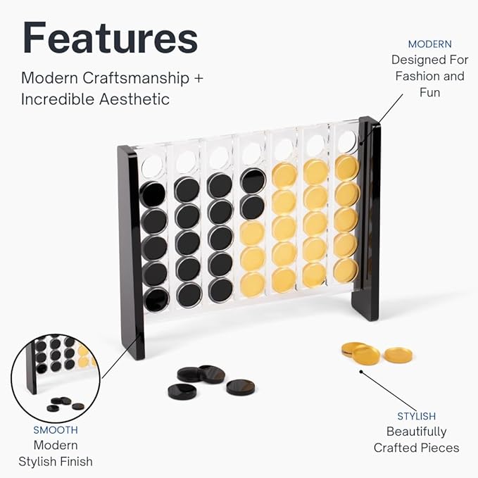 Unique Four in a Row - Acrylic 4 in a Row Game - Board Game Decor - Coffee Table Game - 2 Player Family Game - Connect The Four Pieces - Classic Strategy Game (Black and Gold)