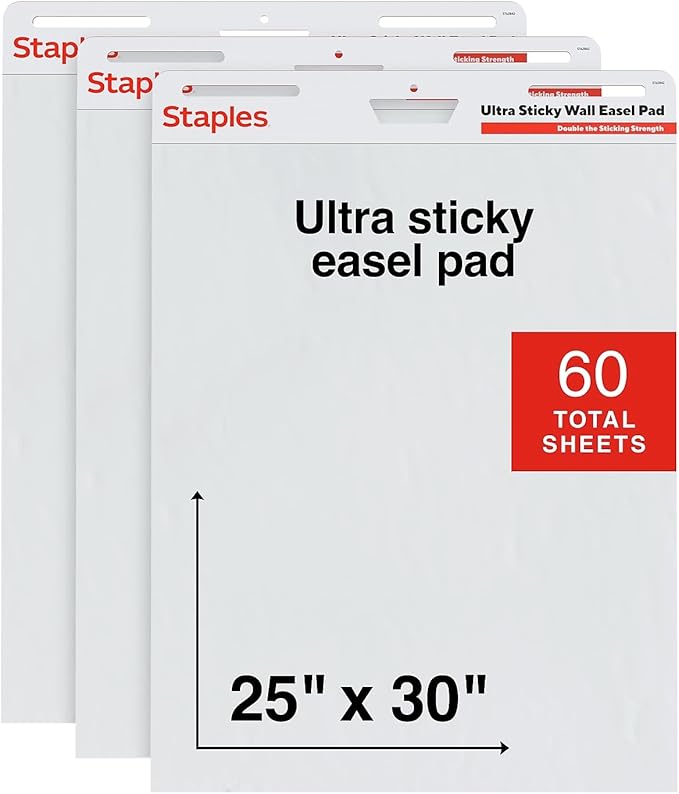 Staples Ultra Sticky Wall Easel Pad, 25" x 30", 20 Sheets/Pad, 3 Pads/Pack (ST62840)