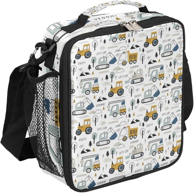 Excavator Car Large Lunch Box,Insulated Lunch Bags with Adjustable Shoulder Strap,School Thermal Lunchbox Cooler Tote Handbag,Waterproof Portable Tote Lunch Bag for School Picnic Work Office