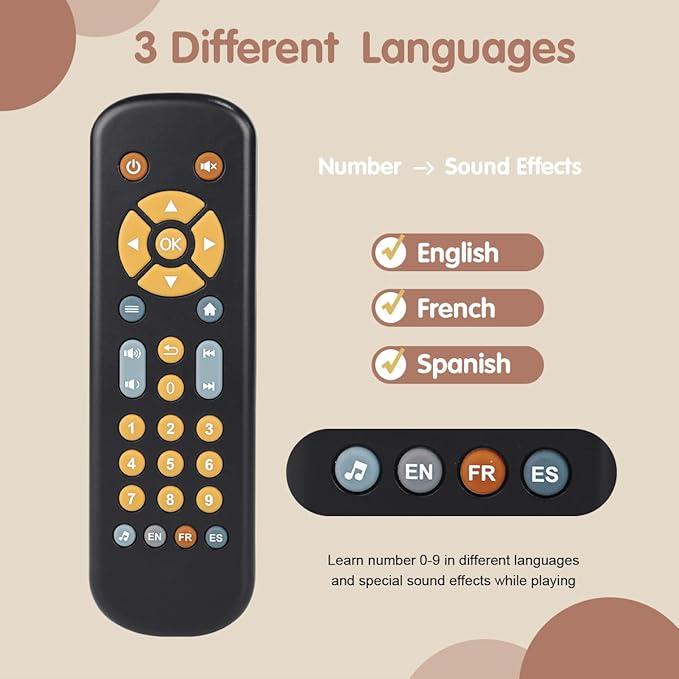 Nueplay Baby TV Remote Control Toy with Light and Sound, Toddler Realistic Controller with 3 Languages, Early Educational Learning Musical Toys, Preschool Infant Boys Girls 6, 12, 18 Months, Black