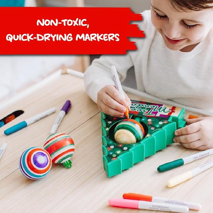 Christmas Tree Decorating Kit - Includes Christmas Tree DIY Ornament Decorating Spinner Arts and Crafts Kit and 8 Colorful Quick Drying Markers [Cap Colors May Vary]