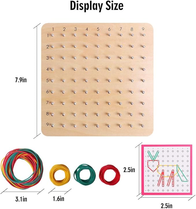 Skrtuan Wooden Geoboard with Pattern Cards & Rubber Bands, Montessori STEM Educational Toy for Kids 5-8 Years Old, Brain Teaser Puzzle Game for Geometry Learning and Creative Shapes