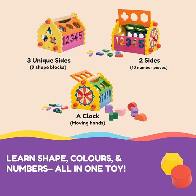 6-in-1 Wooden Shape Sorter for Toddlers 1 2 3+ Years | Educational Montessori Toy with Numbers, Shapes, Colors | Develops Fine Motor Skills | 100% Child Safe | Learning Gift for Kids