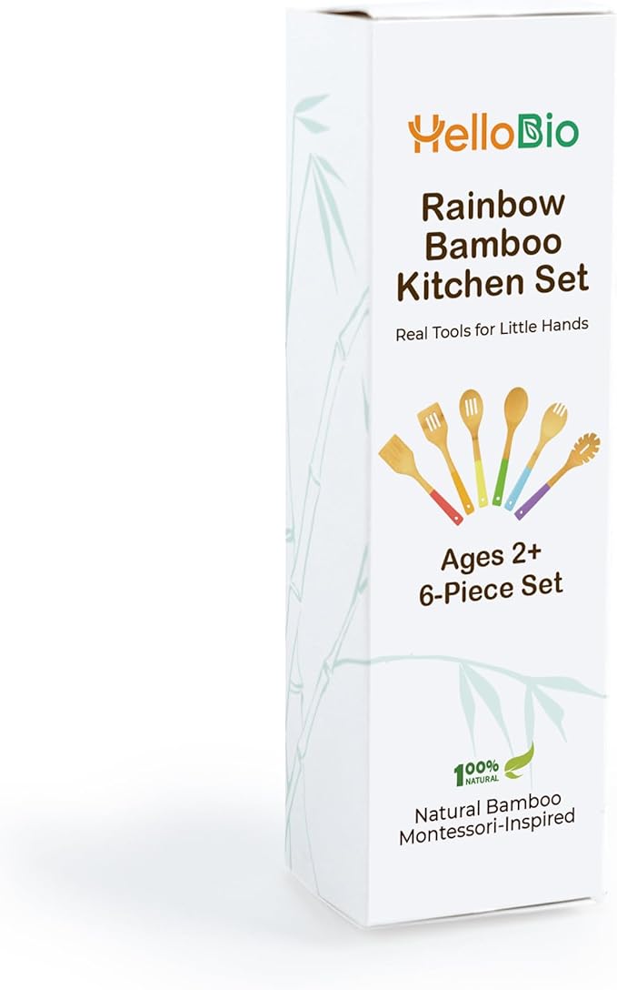 Rainbow Bamboo Kitchen Utensil Set for Kids – Montessori-Inspired 6-Piece Real Cooking Tools | Ages 2+ | Natural Bamboo | Color-Coded | Thoughtful Gift for Toddlers & Preschoolers