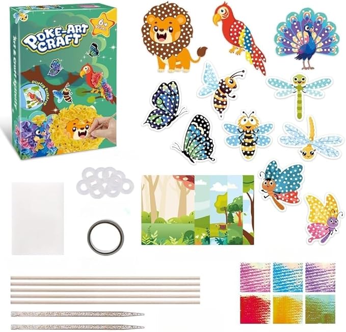 Poke-Art Animal Poking Art Kit with Fabric and Tools,Includes Various Animals Such as Butterflies, Bees, Dragonflies, Peacocks, Parrots, and Lions,Mess-Free Sewing Art for Kids Ages 4+