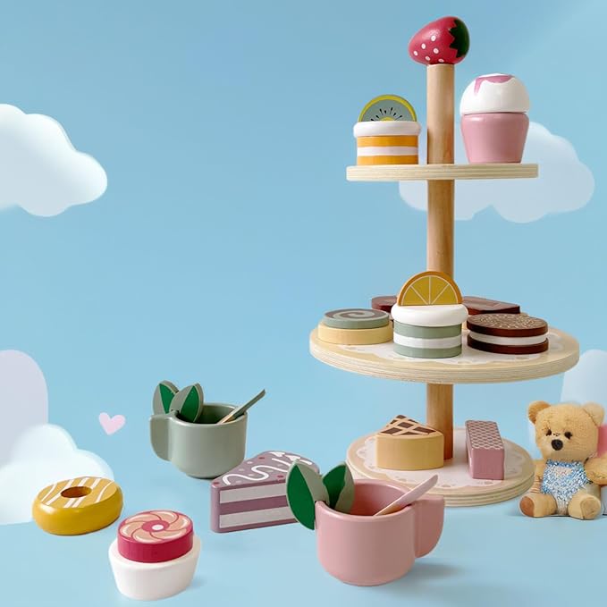 Wooden Dessert Stand Toy Set for Kids – 3-Tier Cake and Pastry Tower, Pretend Play Tea Party Accessories, Montessori Kitchen Toy for Toddlers Ages 3+