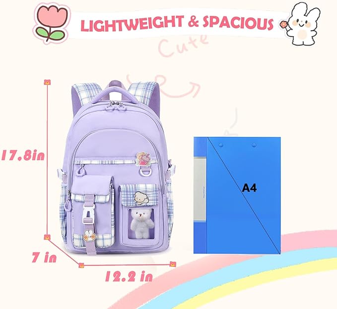Girls Backpack，Cute School Backpack for Girls Kids Teens，Kawaii Bookbag for Primary Elementary，Purple