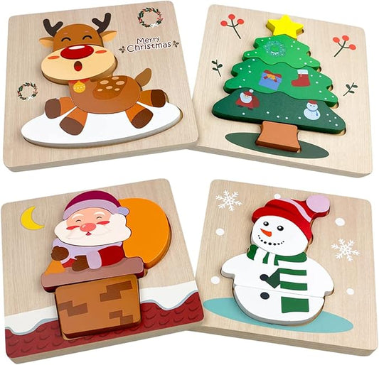 Anditoy 4 Pack Christmas Wooden Puzzles for Kids Toddlers Christmas Toys Christmas Stocking Stuffers Party Favors Gifts