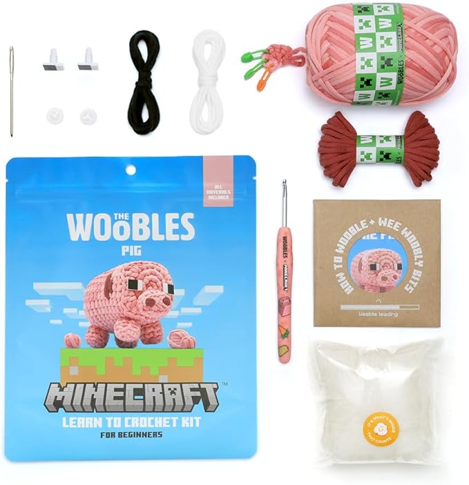 The Woobles Minecraft Crochet Kit – Beginner Crochet Kit for Adults & Kids, Easy Knitting Kit with Woobles Yarn, DIY Crafts, Crochet Animals, Minecraft Toys, Gift for Gamers & Crafters (Pig)