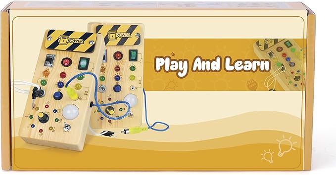 Montessori Wooden Busy Board with 8 LED Light switches, Sensory Toys Light Switch Travel Toys for 1+ Year Old Baby and Toddler