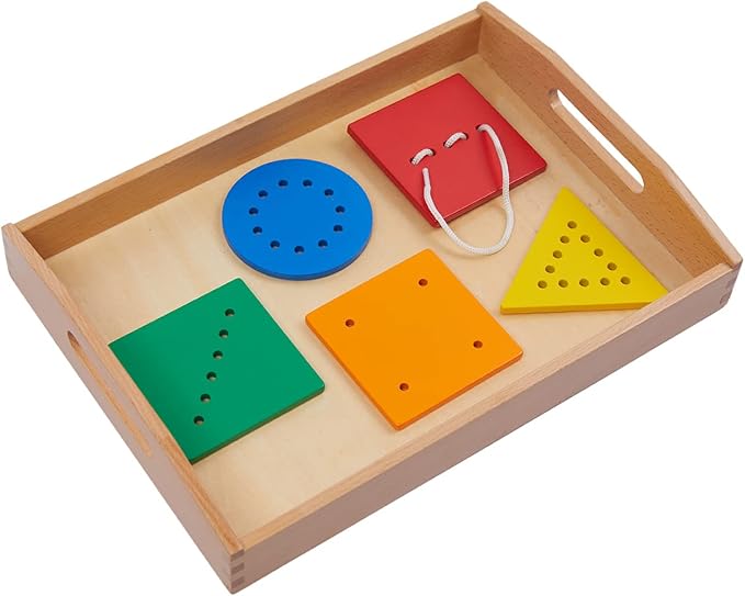 Adena Montessori Toys Threading Game Colorful Lacing Wooden Shapes with Tray for 1 2 3 Years Old Baby