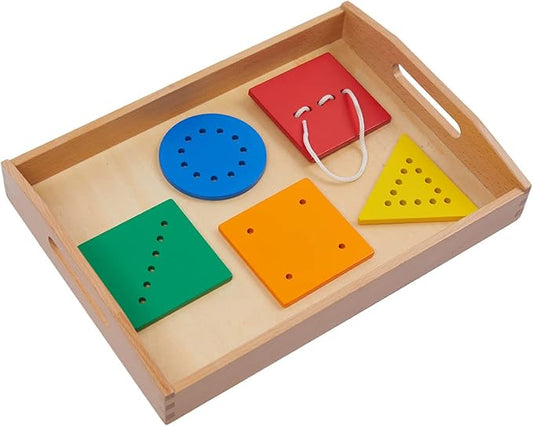 Adena Montessori Toys Threading Game Colorful Lacing Wooden Shapes with Tray for 1 2 3 Years Old Baby