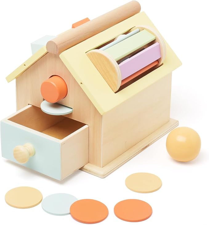 Wooden Montessori Toys for Toddlers 1-3, 4-in-1 Newborn Learning Educational Sets with Spinning Drum, Coin Box,Ball Drop, Shape Sorter - Christmas Birthday Gift for Boys Girls