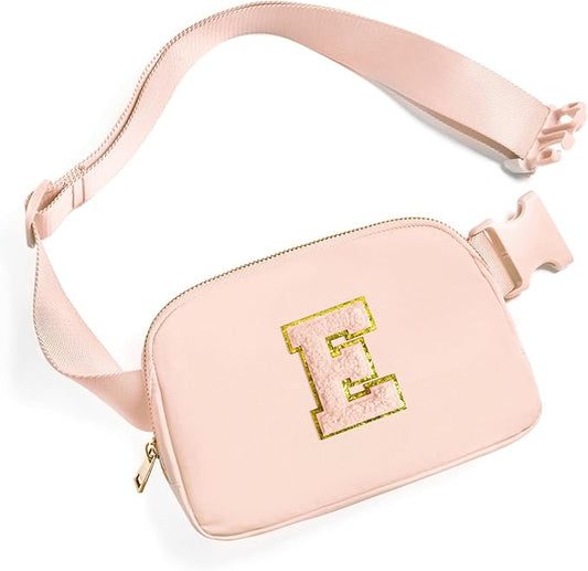 Gitus Gifts for 8 9 10 11 12 Year Old Girls Belt Bag Fanny Pack Crossbody Bags with Initial Letter Patch Cute Stuff Birthday Gifts for Teen Girls Women Personalized Trend Stuff (Coral Pink-E)