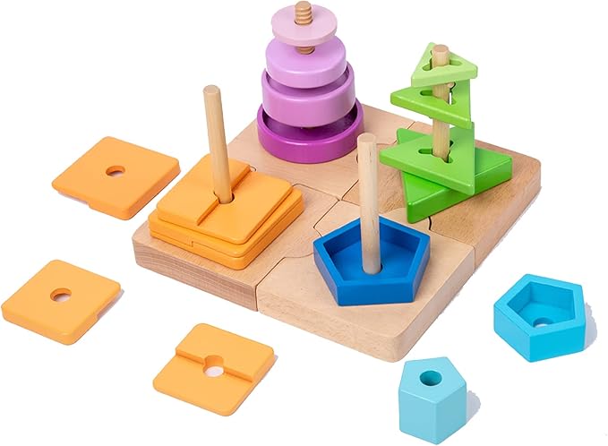 Adena Montessori 4-in-1 Shape Color Sorting Toy for Toddlers - Wooden Educational Toy With Detachable Bases, Gradients of Colors and Shapes for 12-18 Months