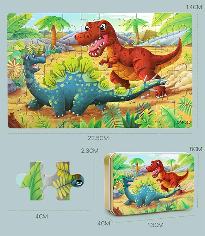 Wooden Puzzles for Ages 4-6, Educational Puzzles Toys for Kids, Jigsaw Puzzles in Metal Box, 60 Piece Puzzle Toys for Girls and Boys, Puzzle Gifts for Kids (Dinosaur)