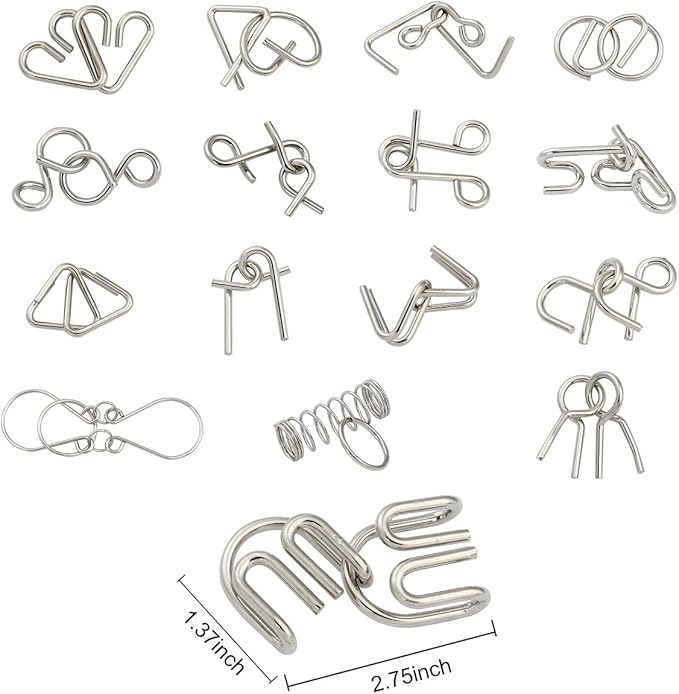 IQ Toys-AB A+B Test Mind Game Brain Teaser Wire Magic Trick Toy IQ Puzzle Set (Pack of 16), Metallic