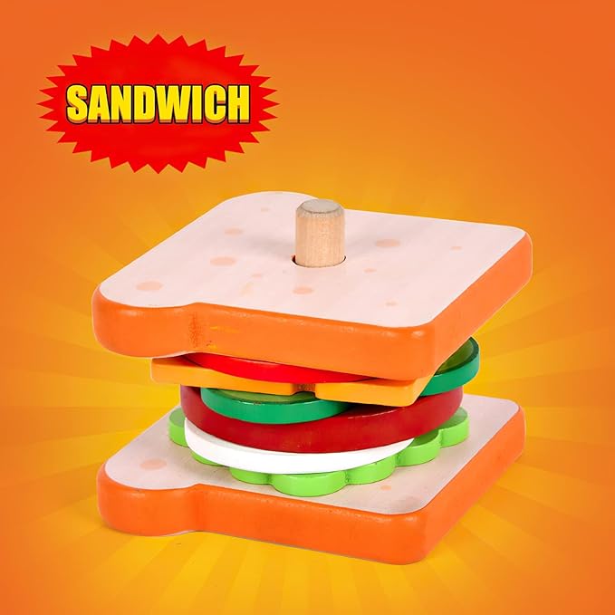 Wooden Sandwich Stacking Toy for Kids, Toddler to Preschool, Develops Fine Motor Skills, Includes Base, 7 Ingredient Pieces, 10 Flash Cards