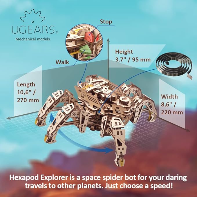 Ugears Hexapod Explorer 3D Puzzle - Walking Robot Wooden Model Kits for Adults to Build - Self-Propelled 6-Legged Mechanical Crawler Craft Kit - 3D Wooden Puzzles for Adults for Fathers Day - 388 Pcs
