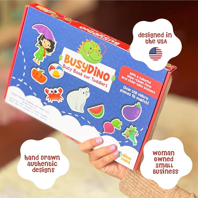 BusyDino - Busy Book for Toddlers 3-5 - Toddler Activity Book with Cutting Activities - Montessori Toys for 3 Year Old - Includes Child-Safe Scissors and Wipe-Clean Markers