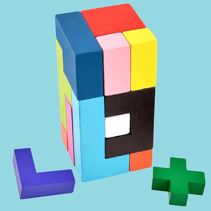 Wooden Puzzle Pattern Blocks Brain Teasers Game 3D Russian Building Toy Geometric Wood Tangram Shape Jigsaw Puzzles Montessori STEM Educational Toys Gift for Kids Adults (Multicolor)