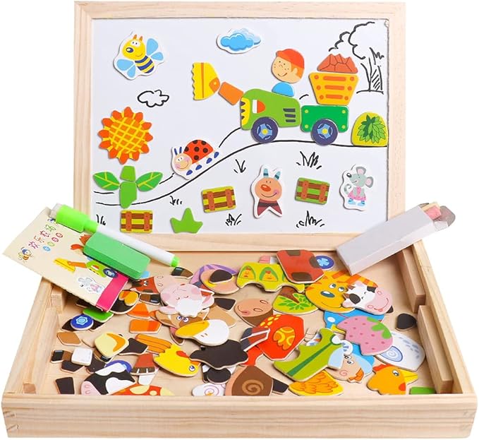 Skrtuan Wooden Educational Toys Magnetic Puzzles for Kids Wooden Art Easel Double Side Educational Learning Games for Boys Girls Children