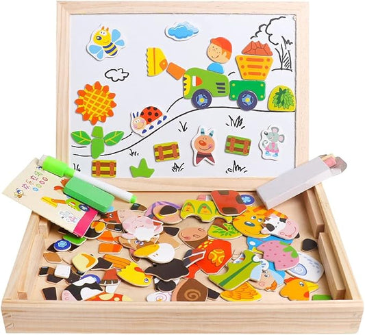 Skrtuan Wooden Educational Toys Magnetic Puzzles for Kids Wooden Art Easel Double Side Educational Learning Games for Boys Girls Children