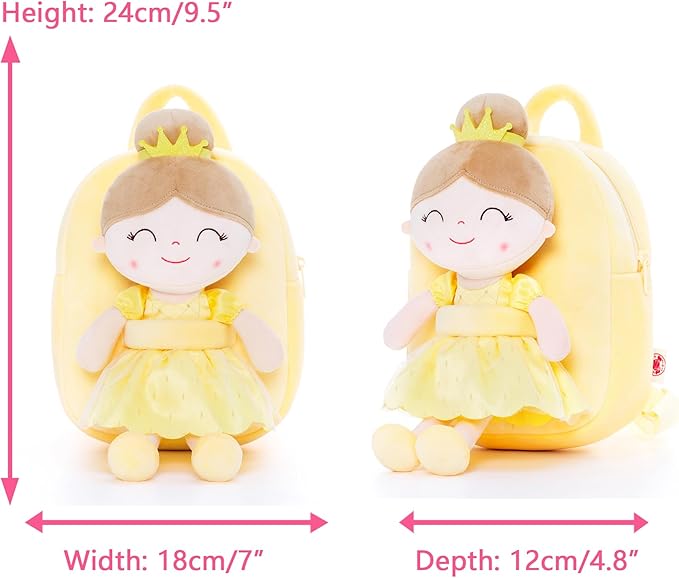 Gloveleya Back to School Gifts for Girls Toddler Backpack for Girls Kids Backpacks Soft Girl Toys Plush Baby Girl Gifts with Plush Princess Bella Doll Yellow 9"