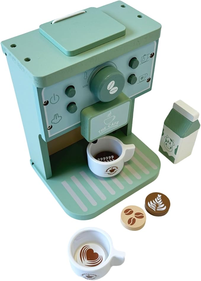 JBBRO Toy Coffee Maker for Kids - Toddler Toys Play Kitchen Accessories Spark Creativity, 8pc Kids Coffee Playset with Machine & Cups, Montessori Wooden Kitchen Toys for Ages 2-4 Enhance Creativity