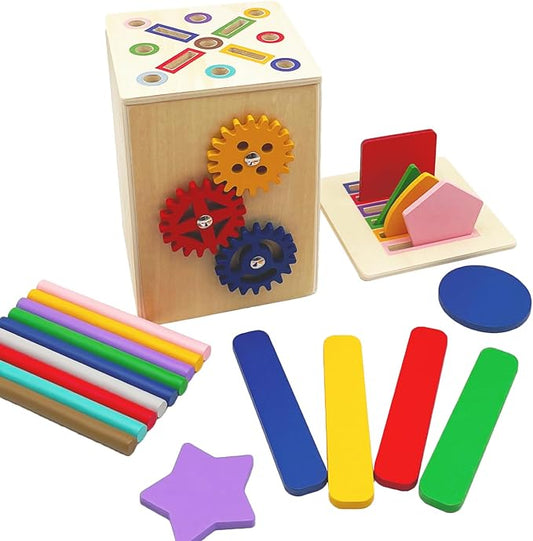 Wooden Sorting Toys Montessori Color & Shape Sorter Preschool Learning Activities Fine Motor Skills Sensory Toys for Toddlers 2-5 Birthday Gifts for Boys and Girls (Colorful-Cuboid)