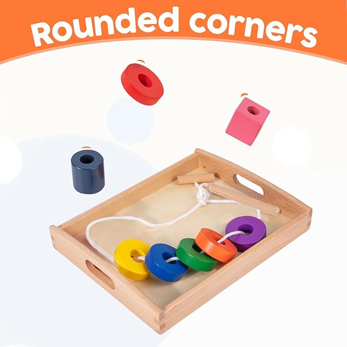 Adena Montessori Wooden Lacing with Tray Stringing Bead Set Toy,Montessori Wooden Beads Shape Sequencing Set for 1 2 3 Year Old Toddler,Fine Motor Skills Preschool Educational Learning for Kids Gifts