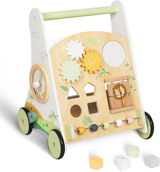 Wooden Baby Push Walker Adjustable Speed Montessori Walker with Activity Center for Boys, Girls and Toddler Toy for Ages 1-3