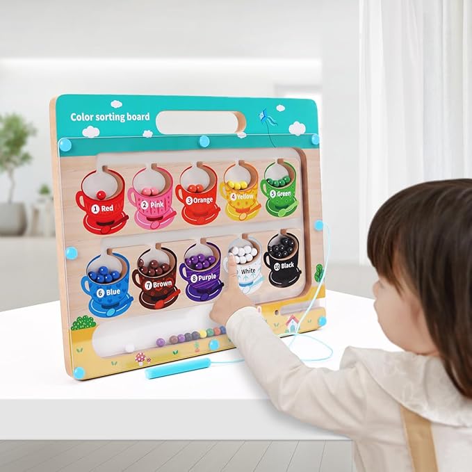 Magnetic Color and Number Maze with White baseboards- Montessori Toys for 3 Years Old Boys Girls Wooden Magnet Board Puzzles, Fine Motor Skills Learning Toys Toddler