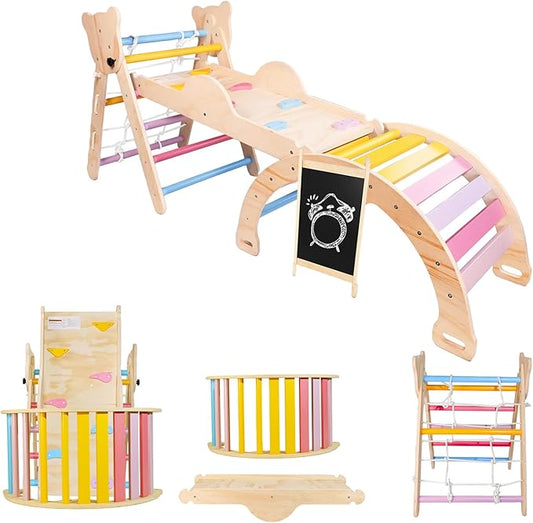 Montessori Wooden Climbing Toys for Toddlers with Slide,Art Blackboard,Balance Board.Safe Indoor Rainbow Pikler Triangle Set for 1-6 Year Olds,Assemble Freely to Unlock Various Ways to Play