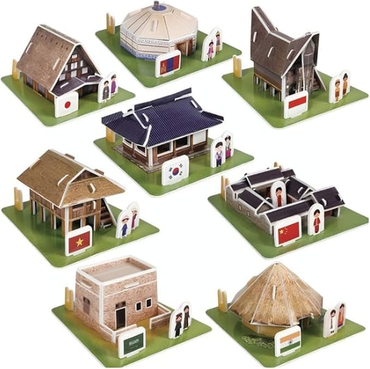 3D Puzzle Set - Traditional Houses Collection: Build 8 Country Models with Authentic Costumes, DIY Kit for Hobbyists, Creative Toy and Home Decor (Asia)