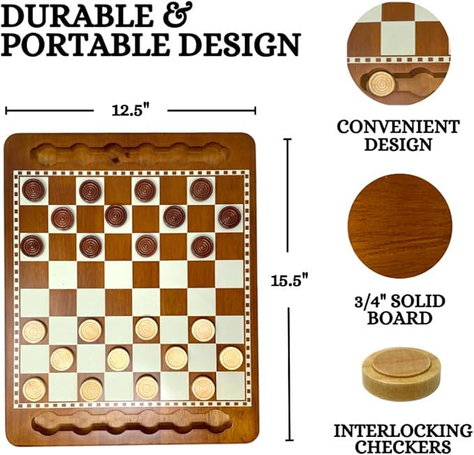 Regal Games Luxury Checkers Board Game for Adults & Kids - Classic Wooden Board Game Set with 24 Checkers Pieces - Travel and Portable Table Games (Ages 8+)