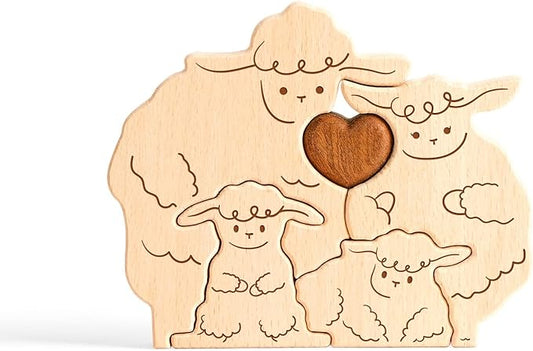 Wooden Sheep Family Puzzle Games, Personalized 4 Name Puzzle for Home Crafts Decor, House Warming Birthday Party Gifts for Mom Dad Grandma Kids New Baby, Wooden Bear Family