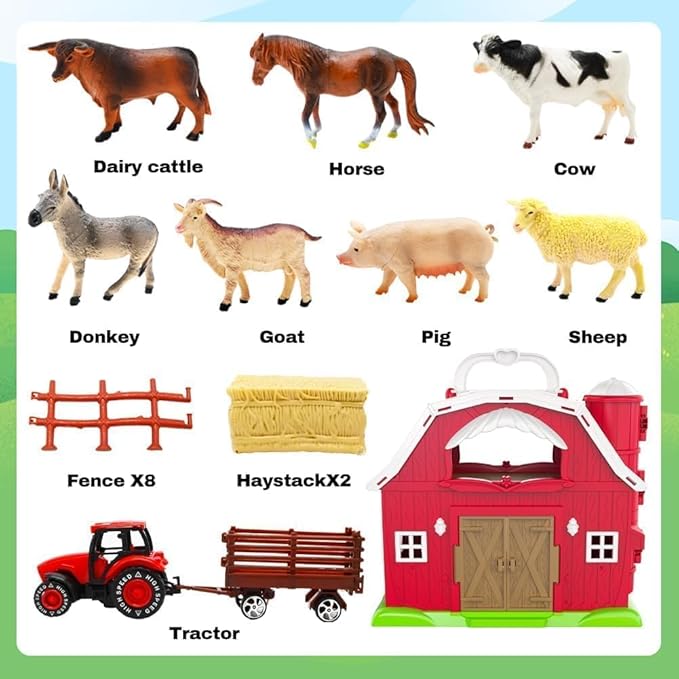 Big Red Barn Toys for Toddlers 1-3, Farm Animal Figures Playset with Tractor for 2 3 4 5 Year Old Kids, Musical Preschool Montessori STEM Learning Toys, Christmas Birthday Easter Gift for Boys Girls