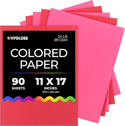 Hygloss 90 Sheets Valentine’s Day Colored Paper - 11x17-Inch Red and Pink Letter Size Color Copy Paper - 24 lb/ 89 GSM, Acid-Free, Fade-Resistant