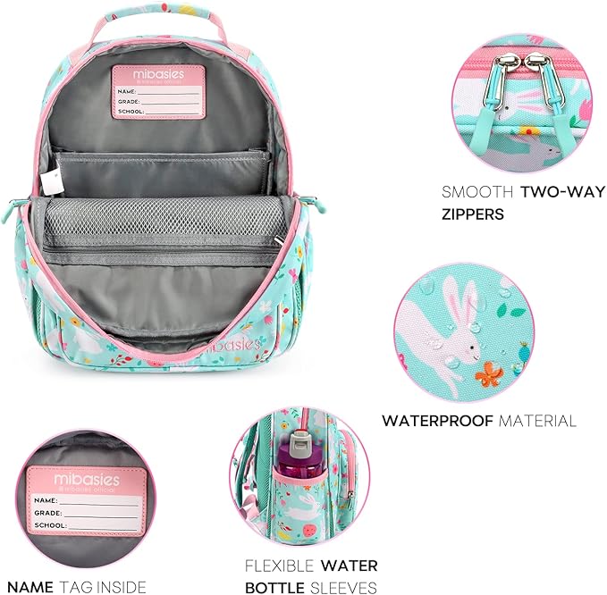 mibasies Girls Backpack 5-8: Lightweight Kids Backpacks for Girls - Girl Bookbag for Elementary School - Rabbit