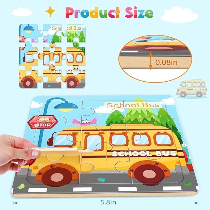 Wooden Puzzles for Toddlers, 8 Pack Vehicle Jigsaw Puzzles for Kids3-5, 9 Pieces Preschool Learning Activities, Learning & Educational Toys, Gift for Boys, Girls