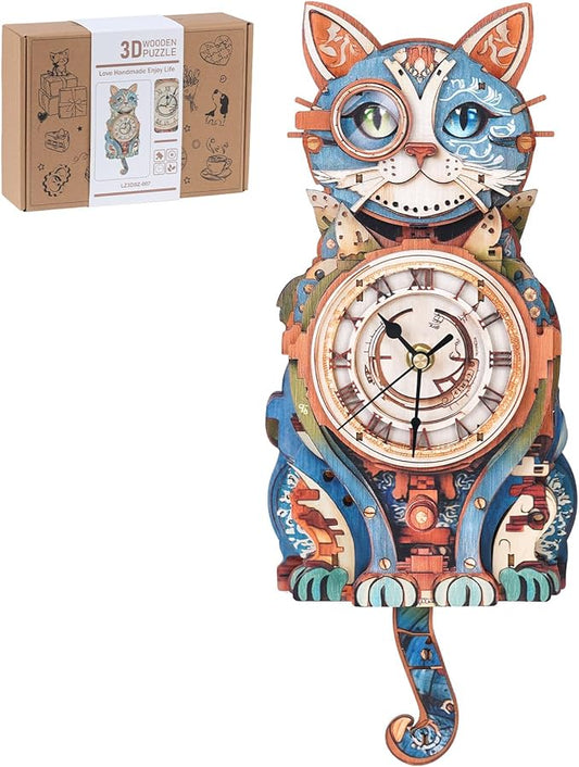 3D Wooden Puzzles for Adults, Detective Cat Clock with Pendulum Model Kit, 3D Puzzles for Adults Room Home Decor DIY Wall Clock Kit, Holiday Birthday for Men Women Teens