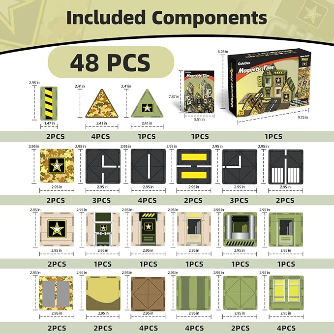 GobiDex Army Magnetic Tiles Road Set Building Toys for Boys 3+ Year Old, STEM Military Magnetic Blocks for Toddlers Construction Toys, Sensory Magnets for Kids Birthday Gifts Boys & Girls 48PCS