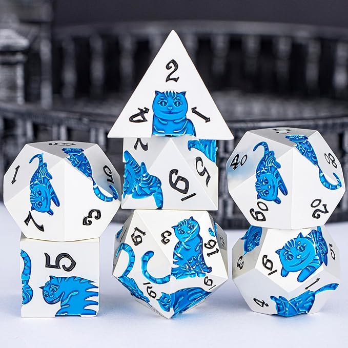 Metal DND Cat Dice 7PCS Polyhedral RPG Dice Set with Gift Case for Dungeons Dragons Role Playing Game, D and D Dice D6 D8 D10 D12 D20 D% (Silver Blue)