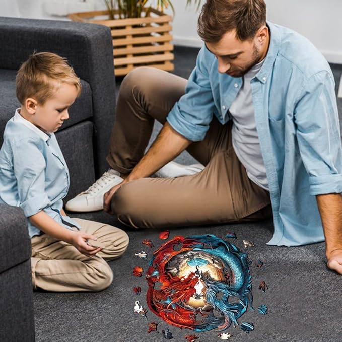 WOODBESTS Wooden Puzzle for Adults, Yin-Yang Dragon Puzzle (M, 200pcs, 11.3"x10.9") Beautiful Wooden Box, Wooden Jigsaw Puzzles Unique Shape, Birthday Gifts for Adults and Kids Family Game